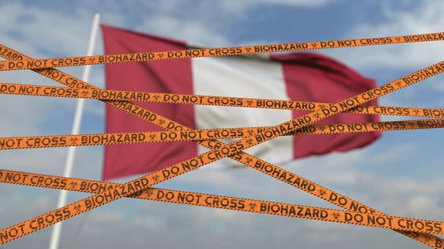 Biohazard restriction tape lines against the Peruvian flag. Restricted entry or quarantine in Peru. Conceptual looping 3D animation