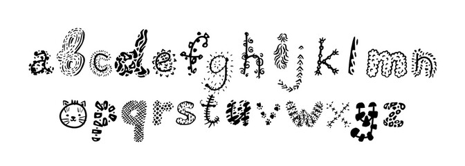 Vector hand drawn art font. Alphabet isolated on white background. Decorative typeface