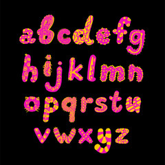 Vector hand drawn pink art font. Alphabet on black background. Decorative typeface