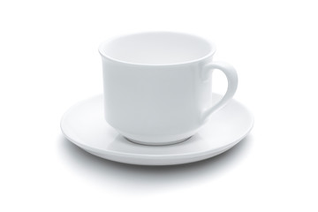Side view of an empty coffee cup on a saucer isolated on a white background
