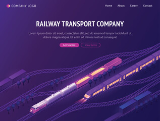 Railway transport company isometric landing page. Passenger vehicle and cargo train riding on railroad, freight logistics and high-speed express transportation service, industry 3d vector web banner © klyaksun