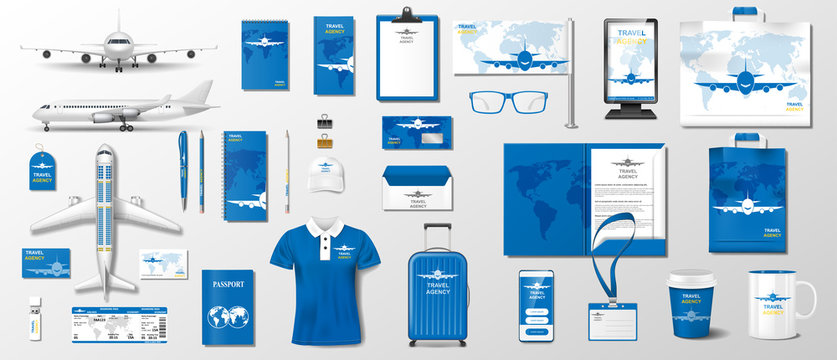 Corporate Realistic template airplane elements for travel agency design. Business style stationery mockup for travel and vacation. Airline plane mockup Vector illustration