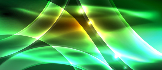 Abstract background. Shiny design neon waves with light effects, techno trendy design. Vector Illustration For Wallpaper, Banner, Background, Card, Book Illustration, landing page