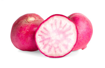 Small garden radish and slices an isolated on white background