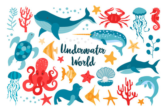 Set of sea animals in flat style hand drawn. Vector clipart for the design of children's products. Fish, jellyfish, corals. Beautiful underwater world in red and blue colors.