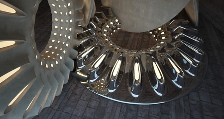 Architectural background. Abstract concrete interior with smooth discs. Neon lighting. 3D illustration and rendering.