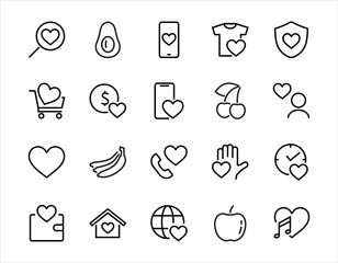 The set of icons about love contains such icons as love of music, declaration of love, heart, favorite home, Linear set. Vector on a white background. Editable stroke. 480x480