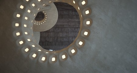 Architectural background. Abstract concrete interior with smooth chrome discs. Neon lighting. 3D illustration and rendering.