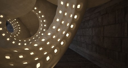 Obraz premium Architectural background. Abstract concrete interior with smooth chrome discs. Neon lighting. 3D illustration and rendering.