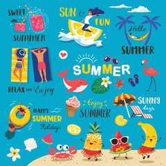 Summer beach vector background with cute crab, banana, watermelon and pineapple character enjoying summer.