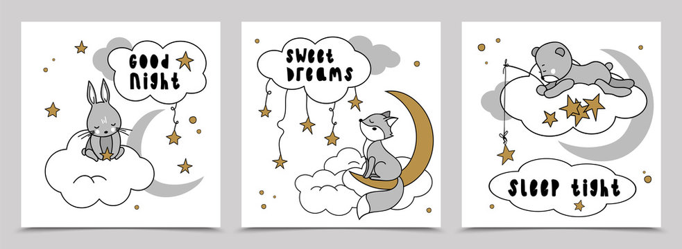 A set of cute children's posters and cards with forest animals. Bear, fox, hare on the clouds.
