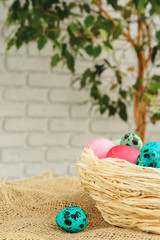 Easter decorative nest with colored eggs close up