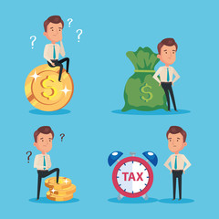 bundle of tax day paid with businessmen and icons vector illustration design
