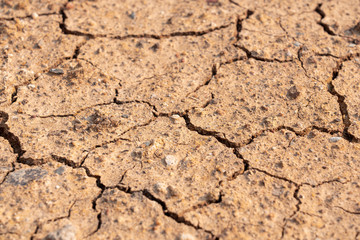 Surface of dry drought soil and ground cracked top view background.