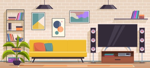 Living room. Modern apartment interior with furniture, sofa and armchair, shelves and tv, wall pictures and plants flat vector interior