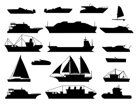 Maritime vessel silhouette. small sailboat, travel cruise boats and ship, yacht and transportation vessels vector icons