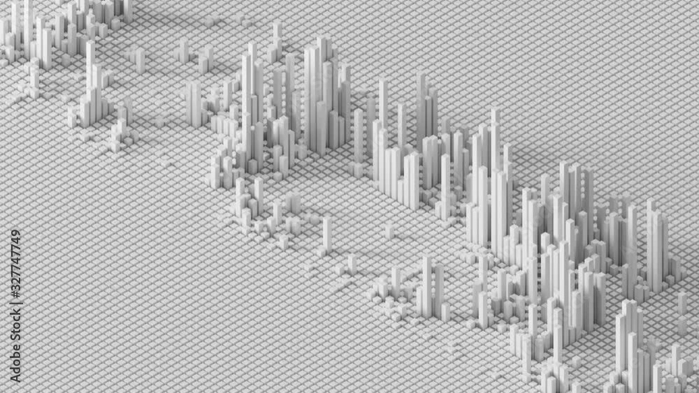 Poster 3d render of grid of blocks with pushing up details. complex digital and analysing concept. technolo