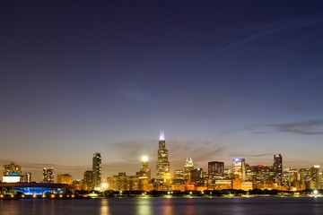 Fototapeta na wymiar Beautiful view of Chicago skyline with waterfront at night, Illinois, USA