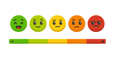 Feedback scale. Rating satisfaction, colored emotional balls set. Excellent, good and normal, bad and awful, customers survey vector concept