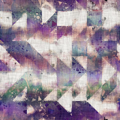 Seamless mixed media collage design in old aged worn look. Geometric tile mosaic design overlaid, mottled, and distressed on fabric texture. Seamless repeat raster jpg pattern swatch.