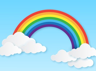 Paper rainbow. Clouds and rainbow on sky origami style, wallpaper for childrens bedroom, baby room craft design colorful vector background