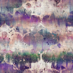 Fototapeta premium Seamless mixed media collage design in old aged worn look. Moroccan tile mosaic design overlaid, mottled, and distressed on fabric texture. Seamless repeat raster jpg pattern swatch.