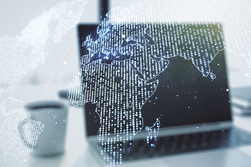 Abstract creative digital world map on modern computer background, globalization concept. Multiexposure
