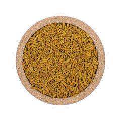 Loose tea Isolated on a white background. On coasters made of cork. Assortment concept for a tea shop, teahouse. Tea collection.