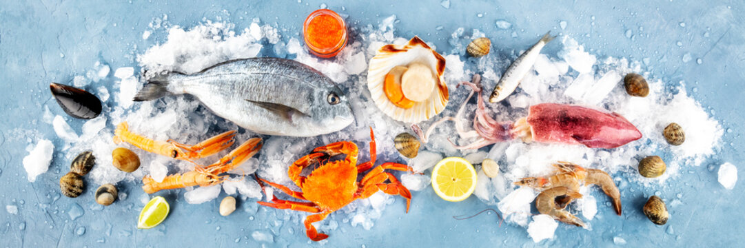 Fish and seafood overhead panoramic shot. Sea bream, scallop, crab, squid, clams and prawns