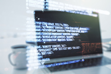 Multi exposure of abstract graphic coding sketch on modern computer background, big data and networking concept