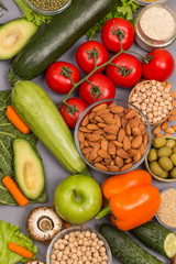 Set of vegetables, beans nuts, quinoa bulgur, chickpeas. Healthy food nutrition concept