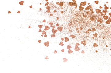 Rose gold glitter hearts on white background for your design