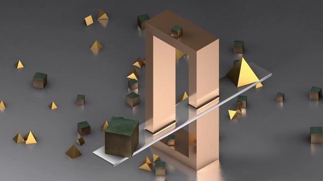 3D animation of a non-existent figure, an impossible mechanism with geometric shapes, pyramids and cubes.
