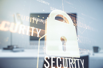 Creative idea concept with lock symbol and microcircuit illustration on modern laptop background. Protection and firewall concept. Multiexposure