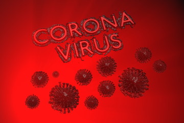 Coronavirus Wuhan, China COVID-19 inscription made by blood with corona cells below. Epidemic condition 3d illustration on red lit by rays background