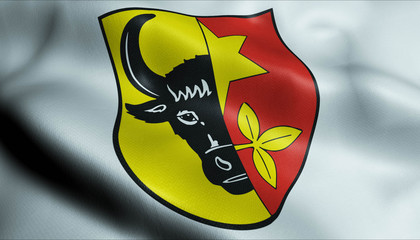 3D Waving Germany City Coat of Arms Flag of Bruel Closeup View
