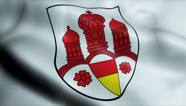 3D Waving Germany City Coat of Arms Flag of Crivitz Closeup View