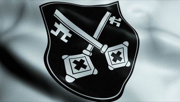 3D Waving Germany City Coat of Arms Flag of Burladingen Closeup View