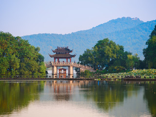 Landscape of Yudai bridge,is very famous pavilion bridge,located in west lake(Xihu),Hangzhou,Zhejiang,China