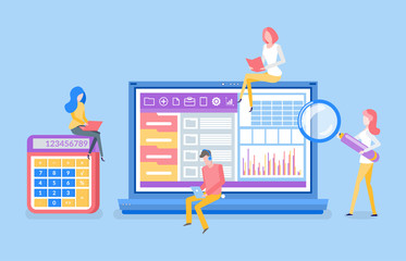 Flowcharts and schemes with data about business vector. People with magnifying glass scrutinizing diagrams and text, financial calculation by accountant