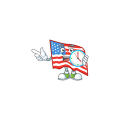 USA flag cartoon character style with a clock