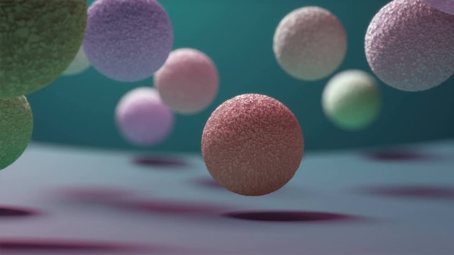 Balls with interesting texture bounce on the surface. The interesting background is looped. Look to my profile to find another similar video.