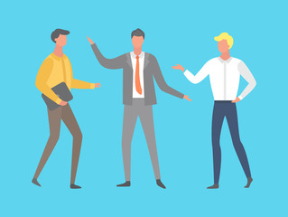 Fototapeta premium Teamwork conversation and strategy, men full-length and portrait view in suit. Businessman or colleagues discussion, people isolated on blue vector