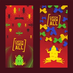 Game design with frog for computer or phone vector illustration, gaming background for application with amphibian animal. Game play where you catch beetle, ant, mosquitoes, cockroach and dragonfly.