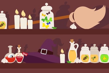 Witch magic accessories vector illustration for halloween holiday or horror fiction in cartoon style with broom, scary hat, creepy love potion for witchcraft and black magic, candles and frogs in pot.