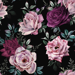 Motif floral sans couture avec des fleurs sur fond sombre, aquarelle. Conception de modèles pour les textiles, l& 39 intérieur, les vêtements, le papier peint. Art botanique