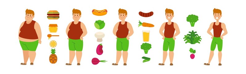 Vegan diet for weight loss and healthy lifestyle, obese man turning into fit handsome guy, vector illustration. Male cartoon character before and after vegetarian food. Organic vegetable isolated icon