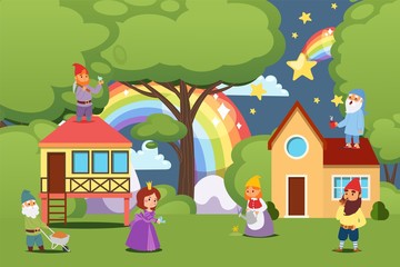 Obraz na płótnie Canvas Gnomes in fairy tale village, cute dwarf cartoon character in fantasy world, vector illustration. Children book story, happy men and women dress in costume, flat style houses on magic meadow fairytale