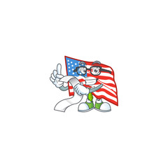A funny face character of USA flag holding a menu
