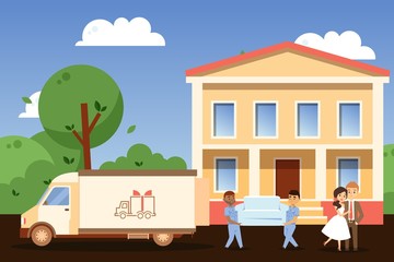 Happy couple moving to new house, people cartoon characters relocating, vector illustration. Furniture transfer service workers carry couch from truck to house entrance. Smiling man and woman in love